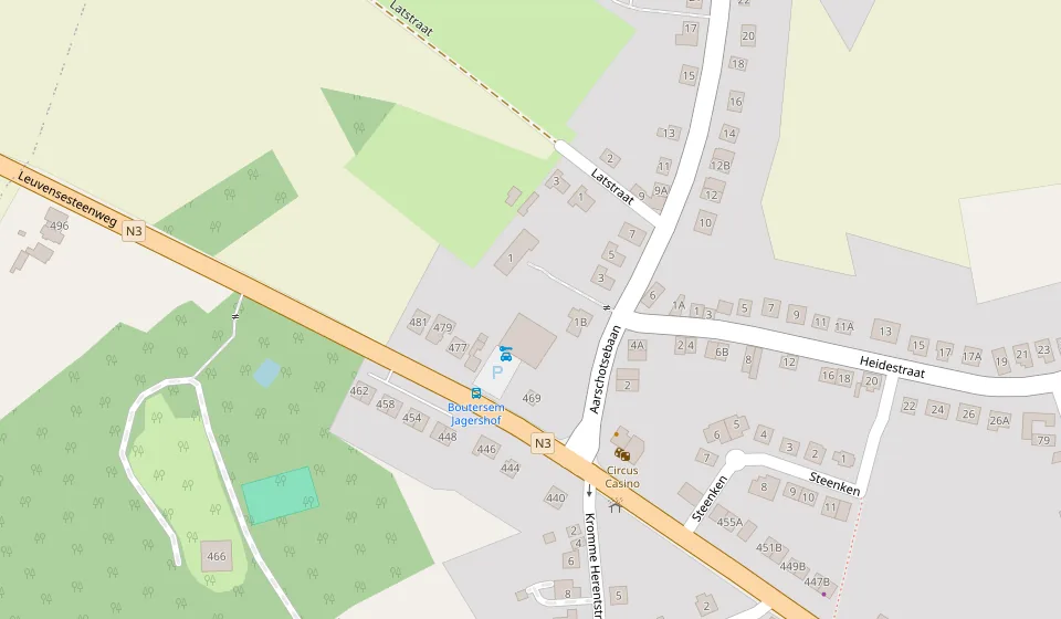 Kaart van de omgeving van Aarschotsebaan 1a in Boutersem, met de loods van BEXX Verhuur