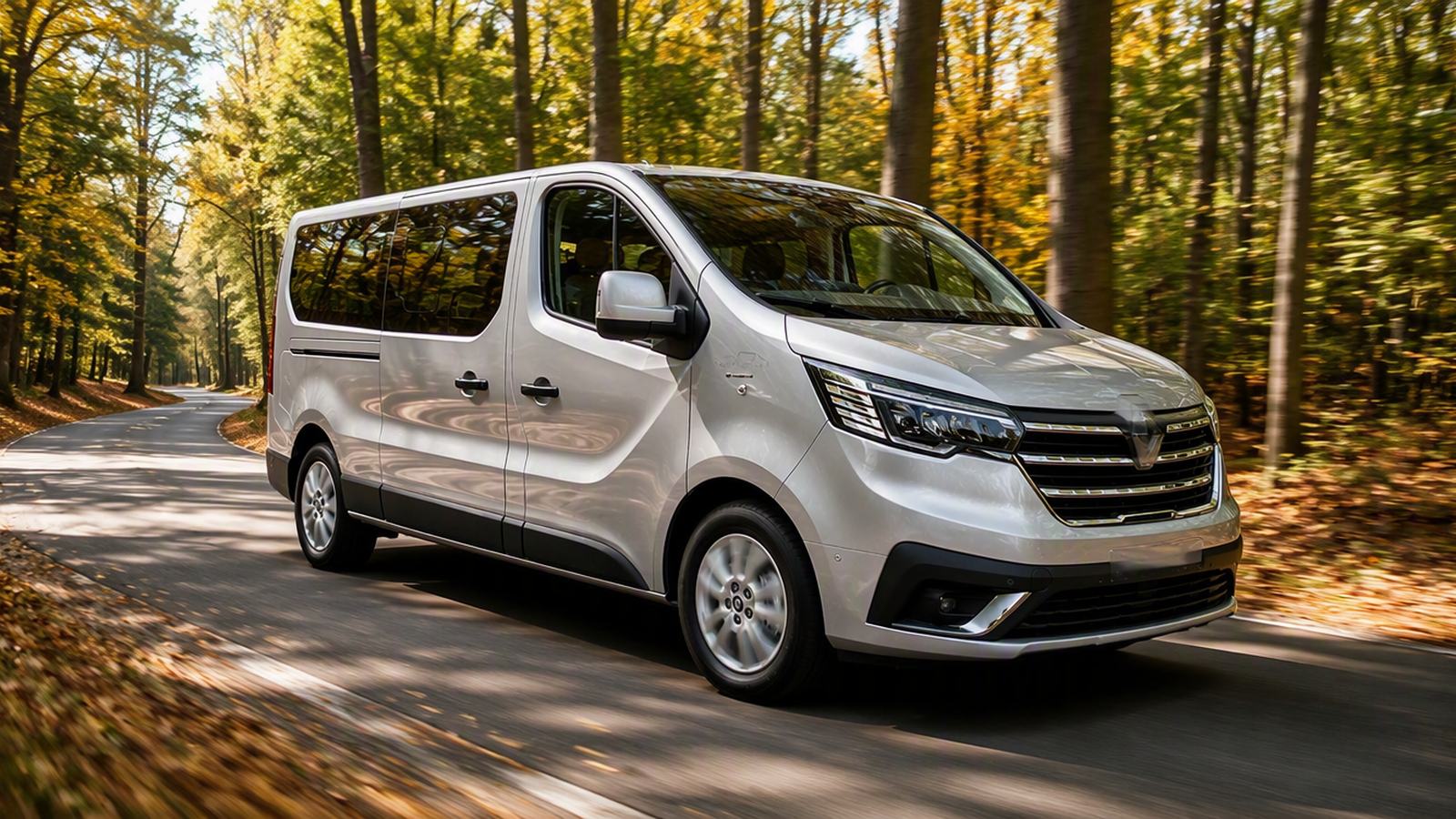De Trafic minibus op een bosweg (beeld van het model)